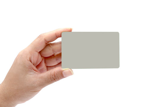 Hand holding blank transparent gray plastic business 