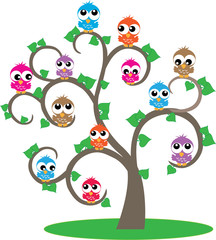 colorful owls in a tree