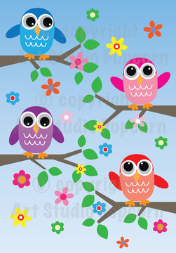 colorful owls on blue background