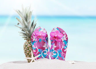 flip-flops with tropical beach background, summer accessories