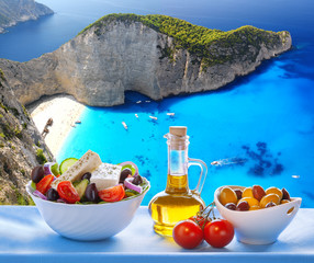  Navagio beach with Greek salad in Zakynthos, Greece