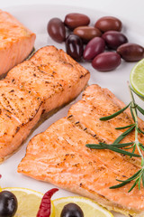 Grilled fillet of salmon on plate.