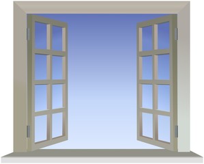 Opened divided window with blue sky background