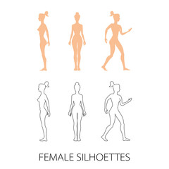  female silhouettes front, back and side. Vector illustration