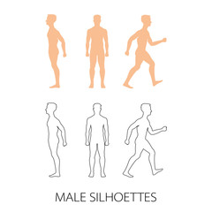Male silhouettes front, back and side. Vector illustration