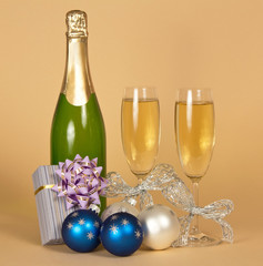 Bottle of champagne, and wine