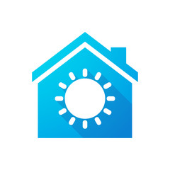 Blue house icon with a sun