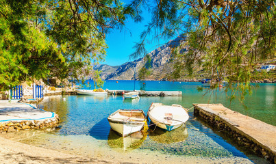 Haven with boats in sea bay , Greece