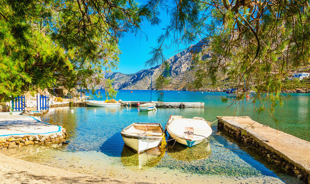 Haven with boats in sea bay , Greece