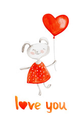 Bunny in red dress with balloon heart. Love. Watercolor - 83299004