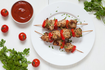 Grilled chiken kebab skewer barbecue meat with pepper and sauce