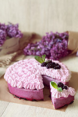 Berry purple mousse cake. Delicious homemade baked sweet