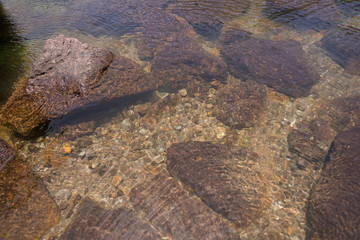 Fototapeta na wymiar Klares Wasser im Bergsee mit Steinen