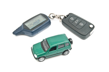 green car and keys on white