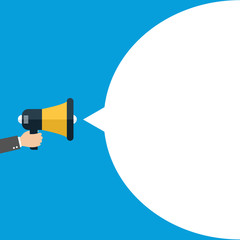 Hand holding megaphone with bubble speech