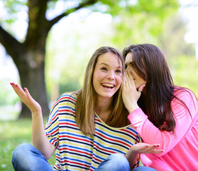 Fototapeta premium Two girl friends whispering secrets at park