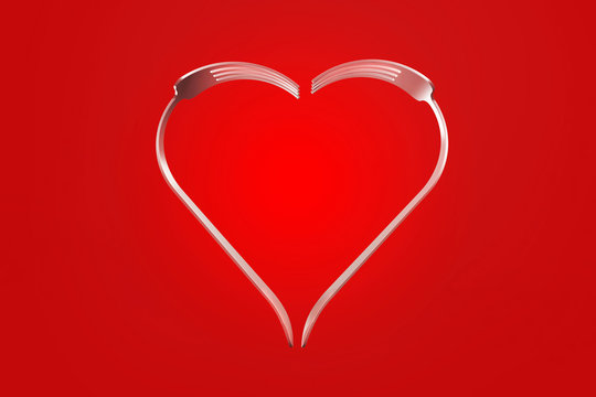 Forks heart on red background
