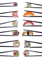 Many sushi rolls in chopsticks isolated on white background