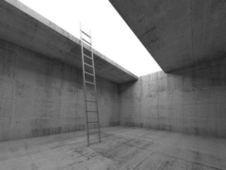 Metal ladder goes up from dark concrete room
