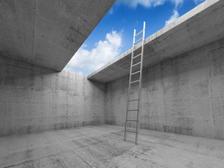 Metal ladder goes up to sky from concrete room