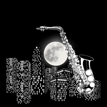 saxophone on a background of the moon and city