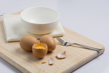 Raw eggs and cooking equipment