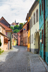 Fototapeta na wymiar Stone paved old street with colored houses from Sighisoara