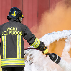 Fototapeta premium firefighters in action with foam