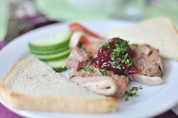 pate with toasts on white plate