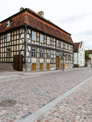 historical buildings in old town of Kuldiga, Latvia
