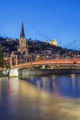 Fototapeta na wymiar View of Lyon and red footbridge