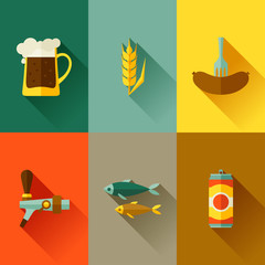 Background with beer icons and objects in flat style