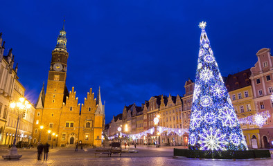 Wroclaw market square at night in Christmas time
