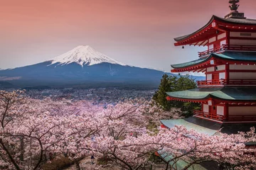 Fototapete Fuji Chureito-Pagode mit Sakura und wunderschönem Blick auf den Berg Fuji
