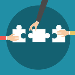 three businessman standing in office holding puzzle, Vector