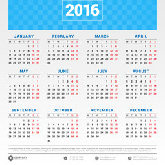 Calendar 2016 Vector Design Template. Week Starts Monday