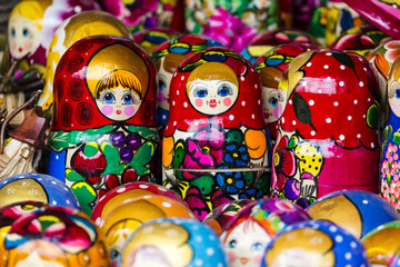 Colorful Russian nesting dolls matreshka at the market. Matriosh