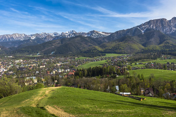 City of Zakopane and Tatras seen from the top of Gubalowka, emph