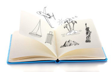 Open book with paintings isolated on white