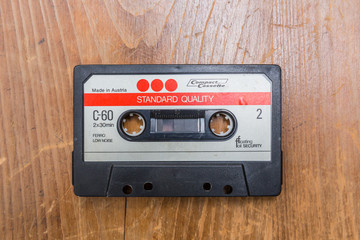 Vintage cassette on a wooden table