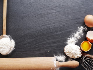Dough preparation. Baking ingredients: egg and flour.