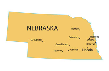 yellow map of Nebraska with indication of largest cities
