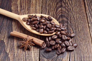 Coffee beans and wooden spoon