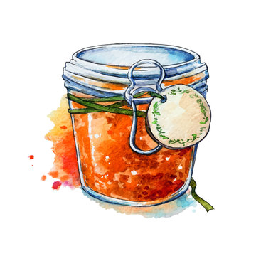 Apricot Jam. Honey. Mason Jar. Watercolor. Hand Painted.