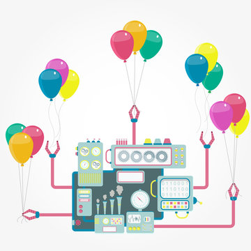 Vector - Robotic machine with grippers holding balloons.