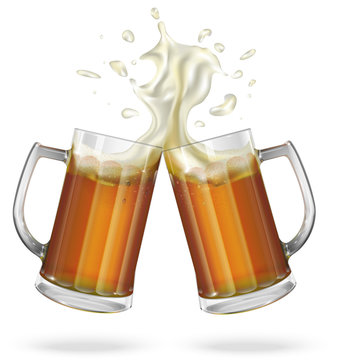 Two mugs  with ale, light or dark beer. Mug with beer. Vector