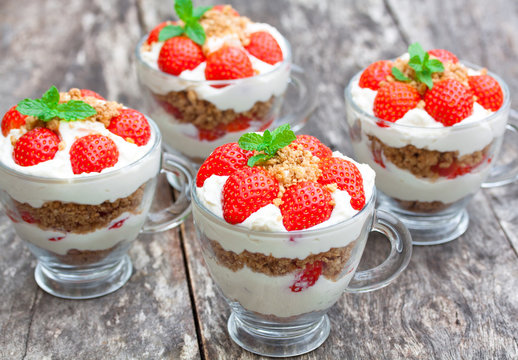 Homemade Desert With Cream Chopped Cookies And Fresh Strawberry