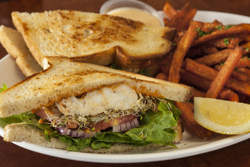 halibut sandwich with sweet potato fries