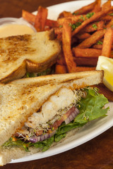 halibut sandwich with sweet potato fries