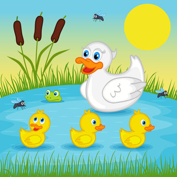 mother duck  with  ducklings on lake - vector illustration, eps